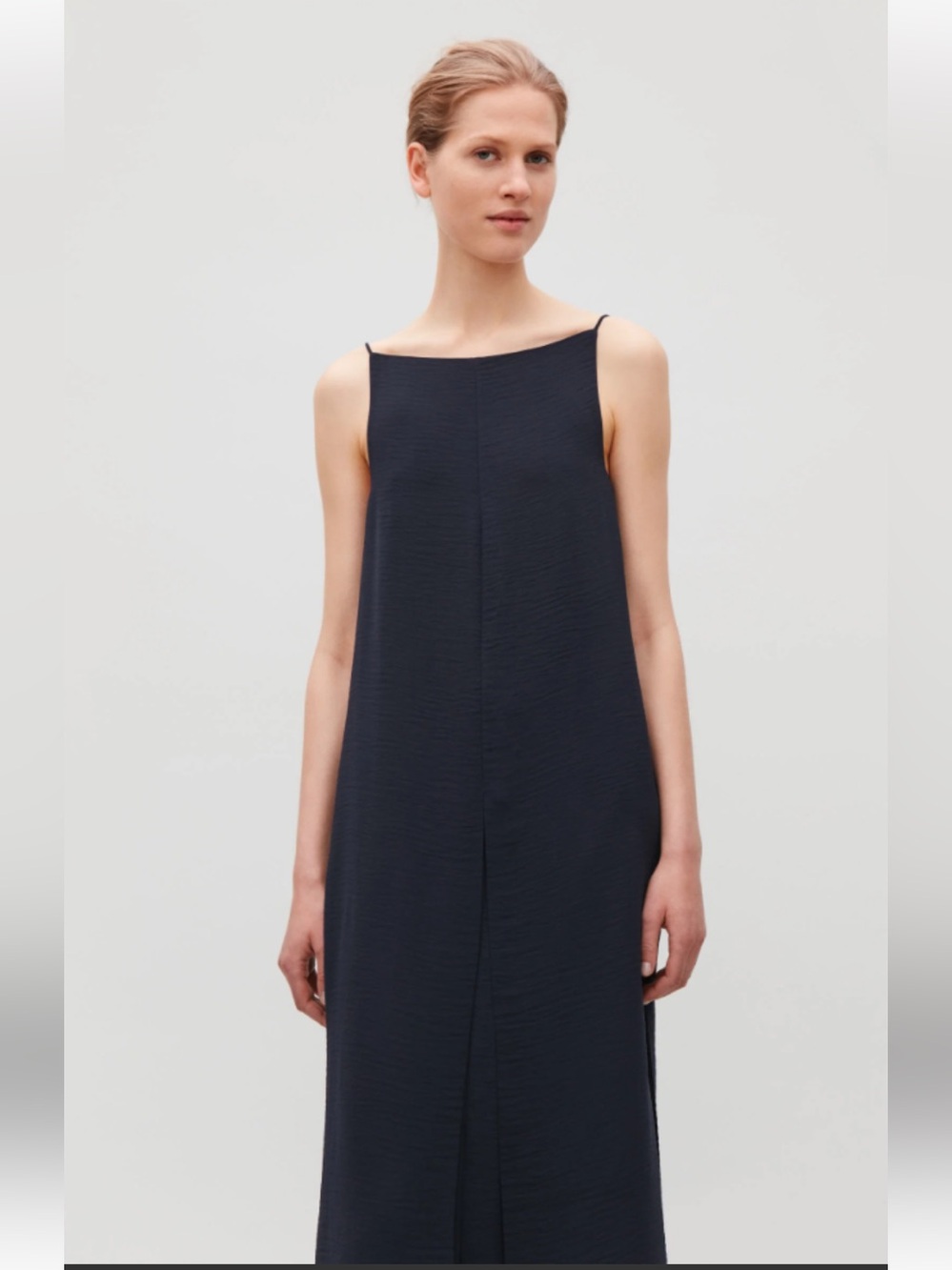 COS Navy Blue Chiffon Maxi Dress Side Slits Minimalist Elevated Casual Sz 8